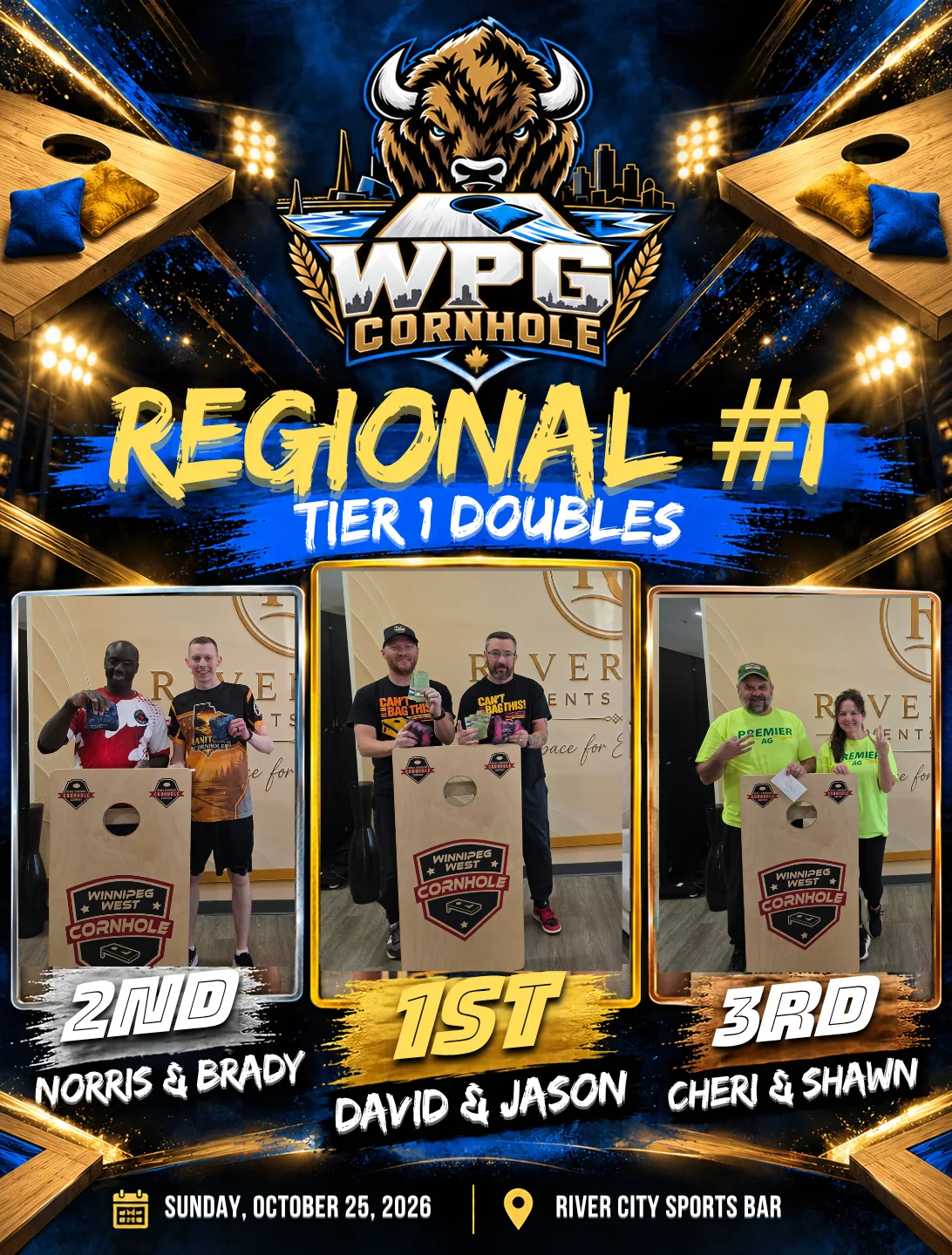 Regional #1 Tier 1 Doubles podium results: first David & Jason, second Norris & Brady, third Cheri & Shawn