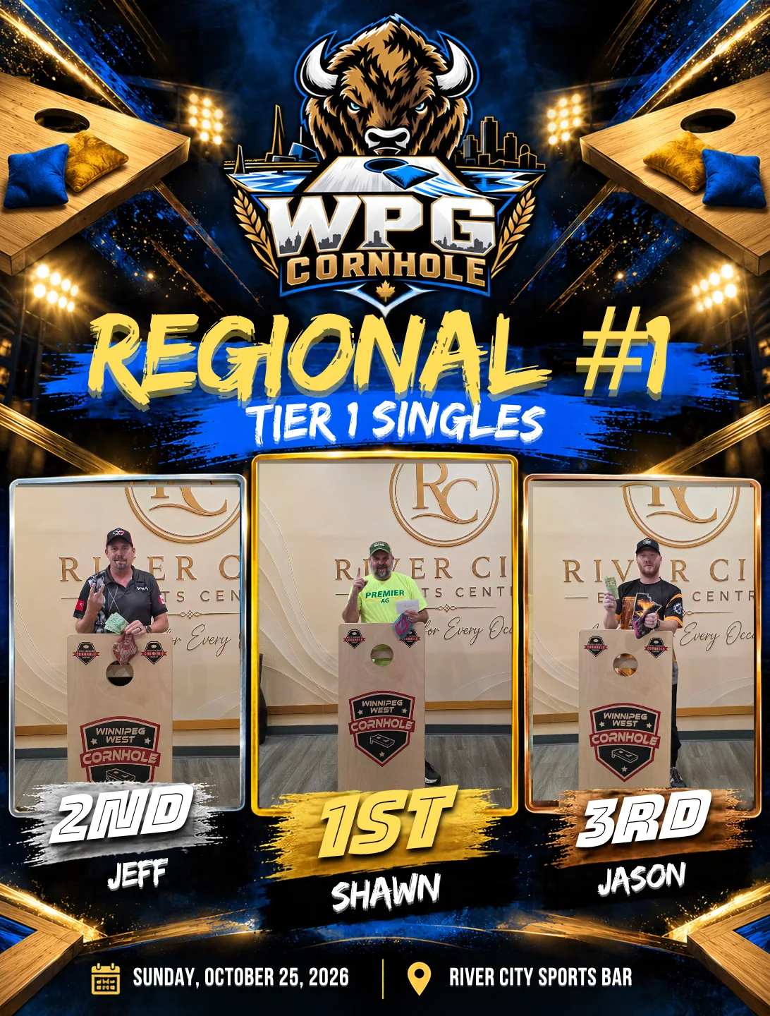 Regional #1 Tier 1 Singles podium results: first Shawn, second Jeff, third Jason