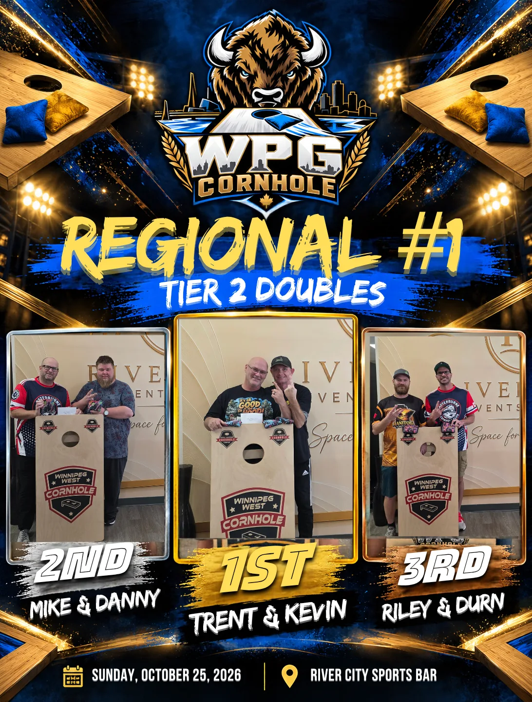 Regional #1 Tier 2 Doubles podium results: first Trent & Kevin, second Mike & Danny, third Riley & Durn