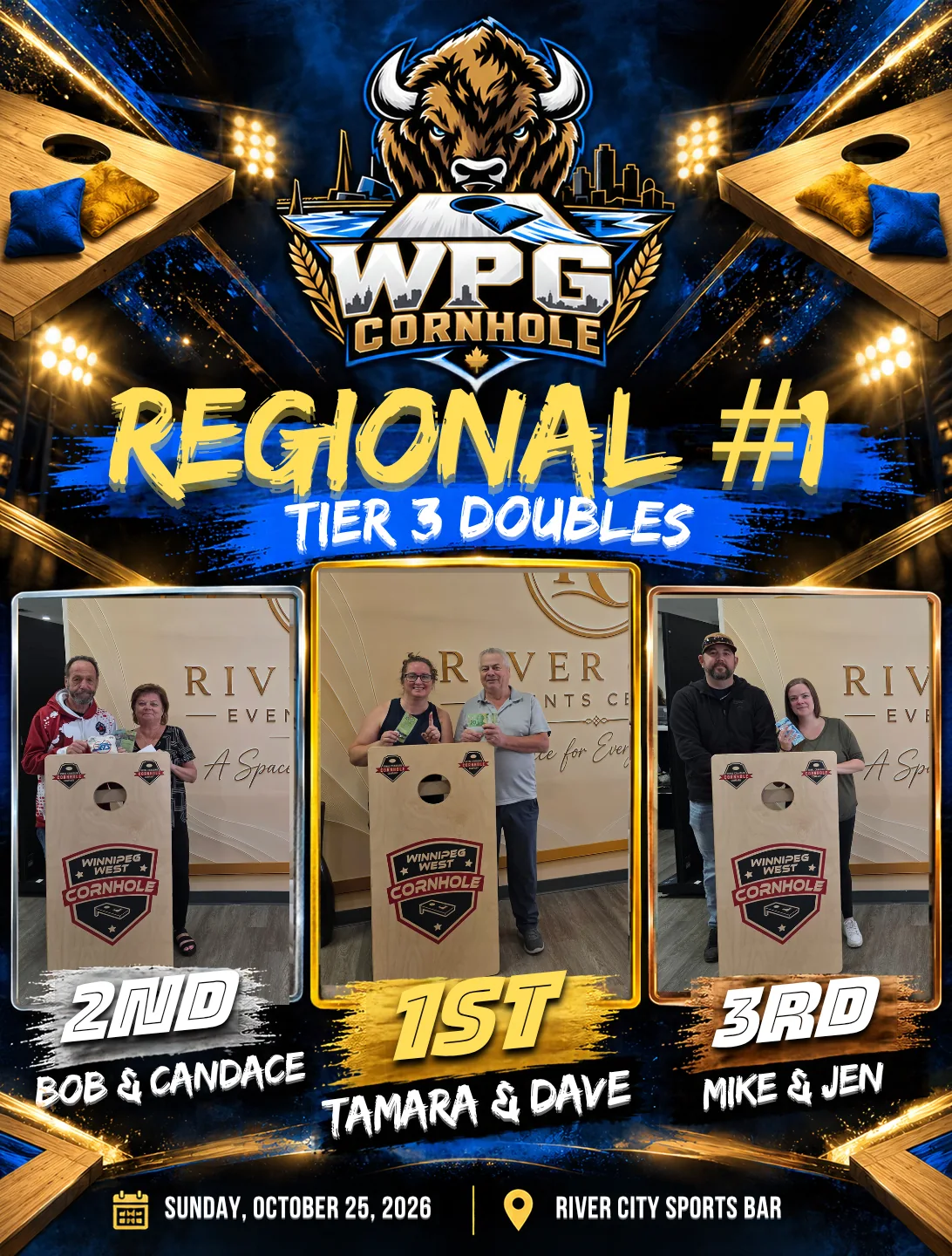 Regional #1 Tier 3 Doubles podium results: first Tamara & Dave, second Bob & Candace, third Mike & Jen