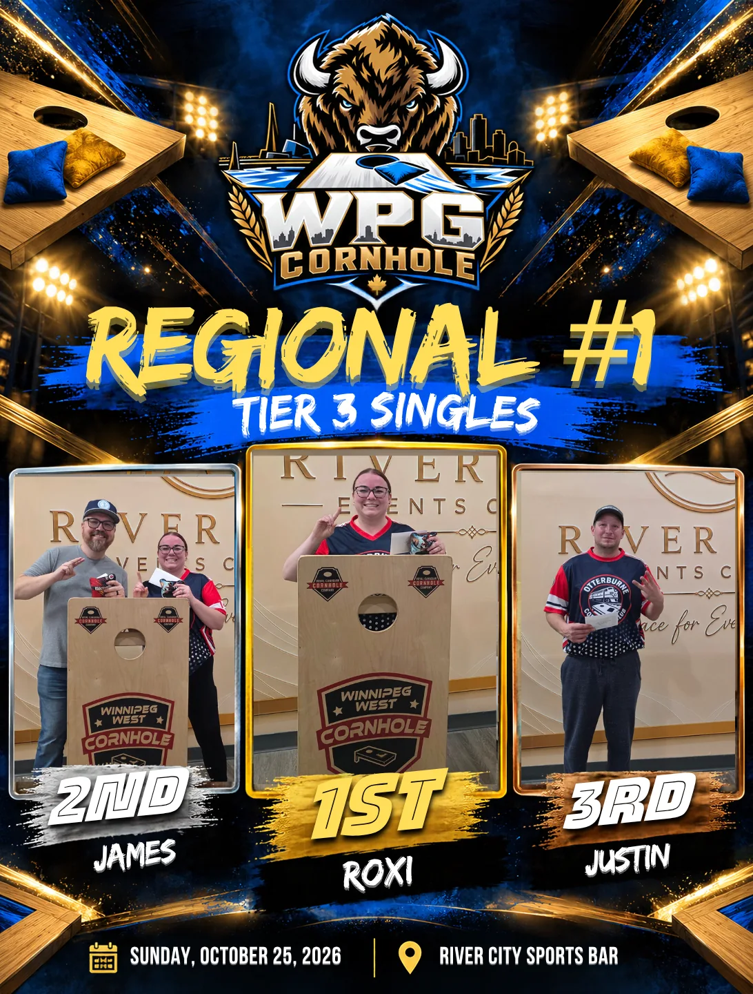 Regional #1 Tier 3 Singles podium results: first Roxi, second James, third Justin